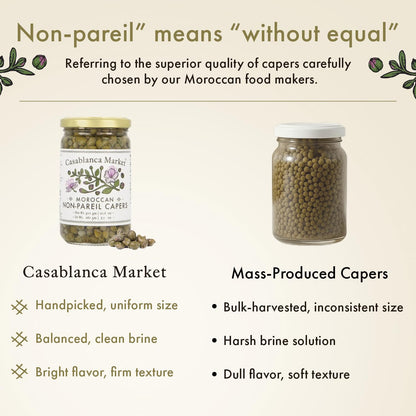 Casablanca Market Moroccan Capers Non Pareil — Handpicked, Premium Capers Jar in Pure Brine — Non-GMO, Plant-Based, Kosher, Halal-Friendly, No Preservatives — For Pasta, Sauces, Meat & More, 1-Pack