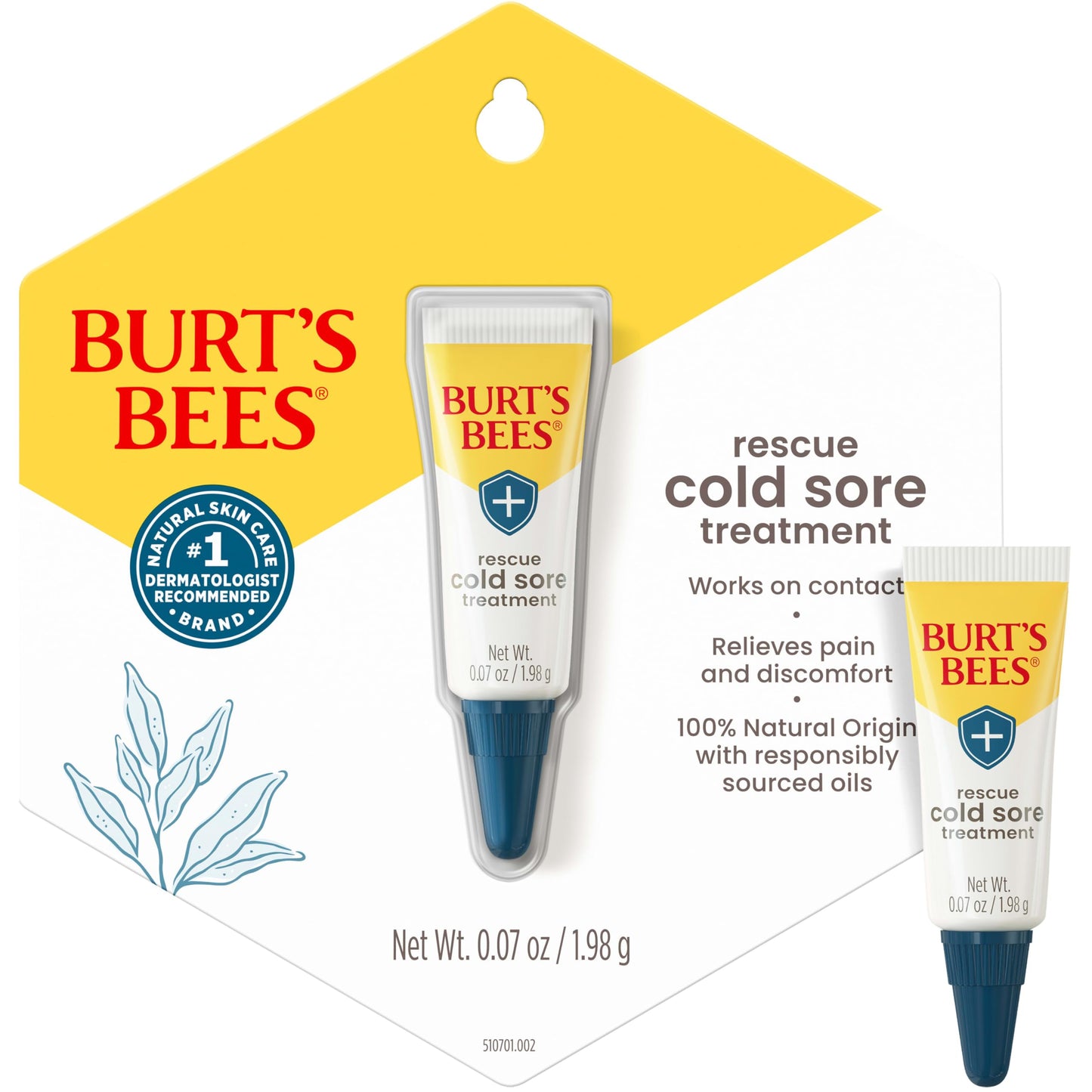 Burt's Bees Cold Sore Treatment, with Rhubarb and Sage Complex, Natural Origin Skin Care, 1 Tube, 0.07 oz.
