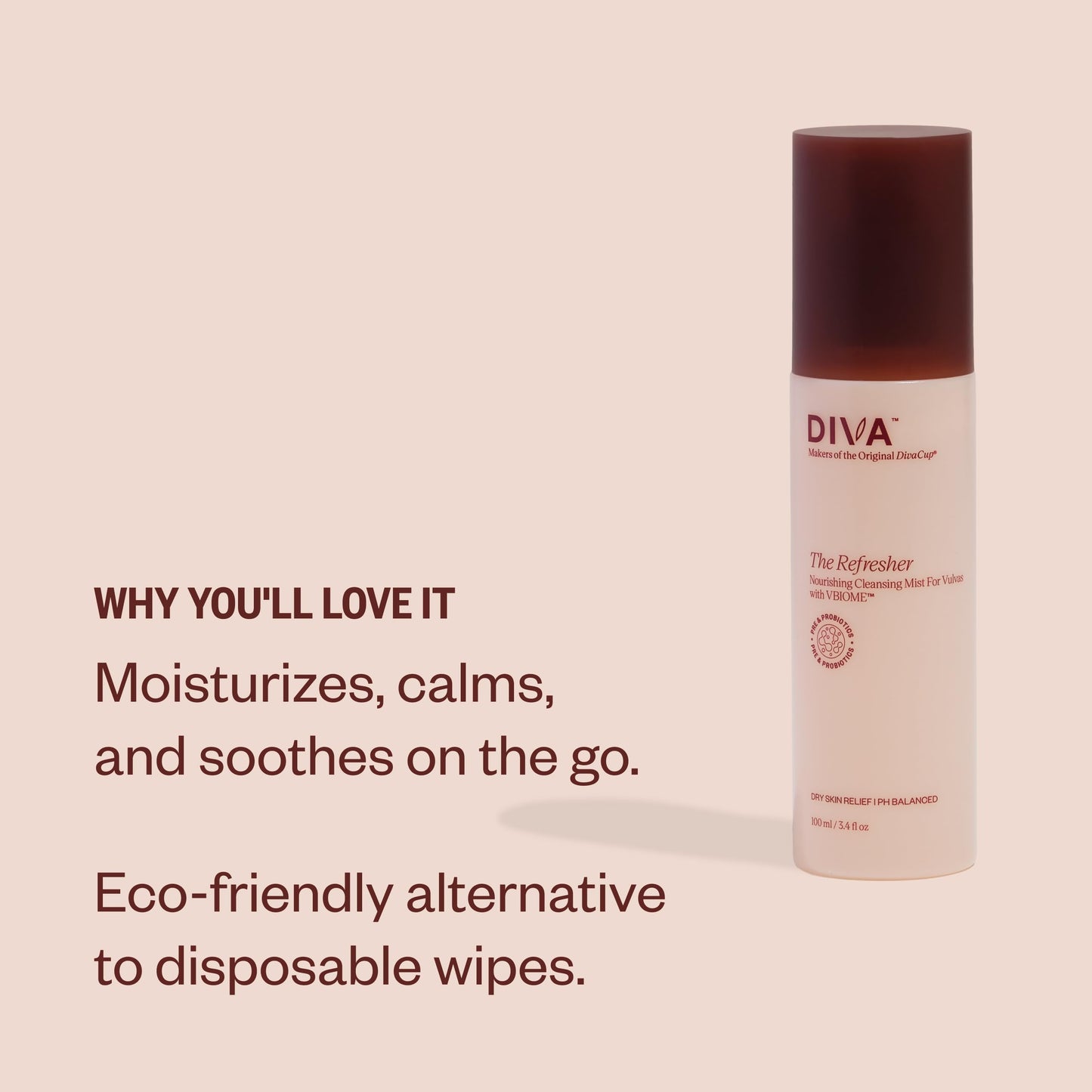 DIVA Refresher - Gentle & No-Rinse Spray Cleanser - Fragrance-Free & Plant-Based Formula - Helps Strengthen Moisture Barrier & Support Healthier Microbiome - 100 mL