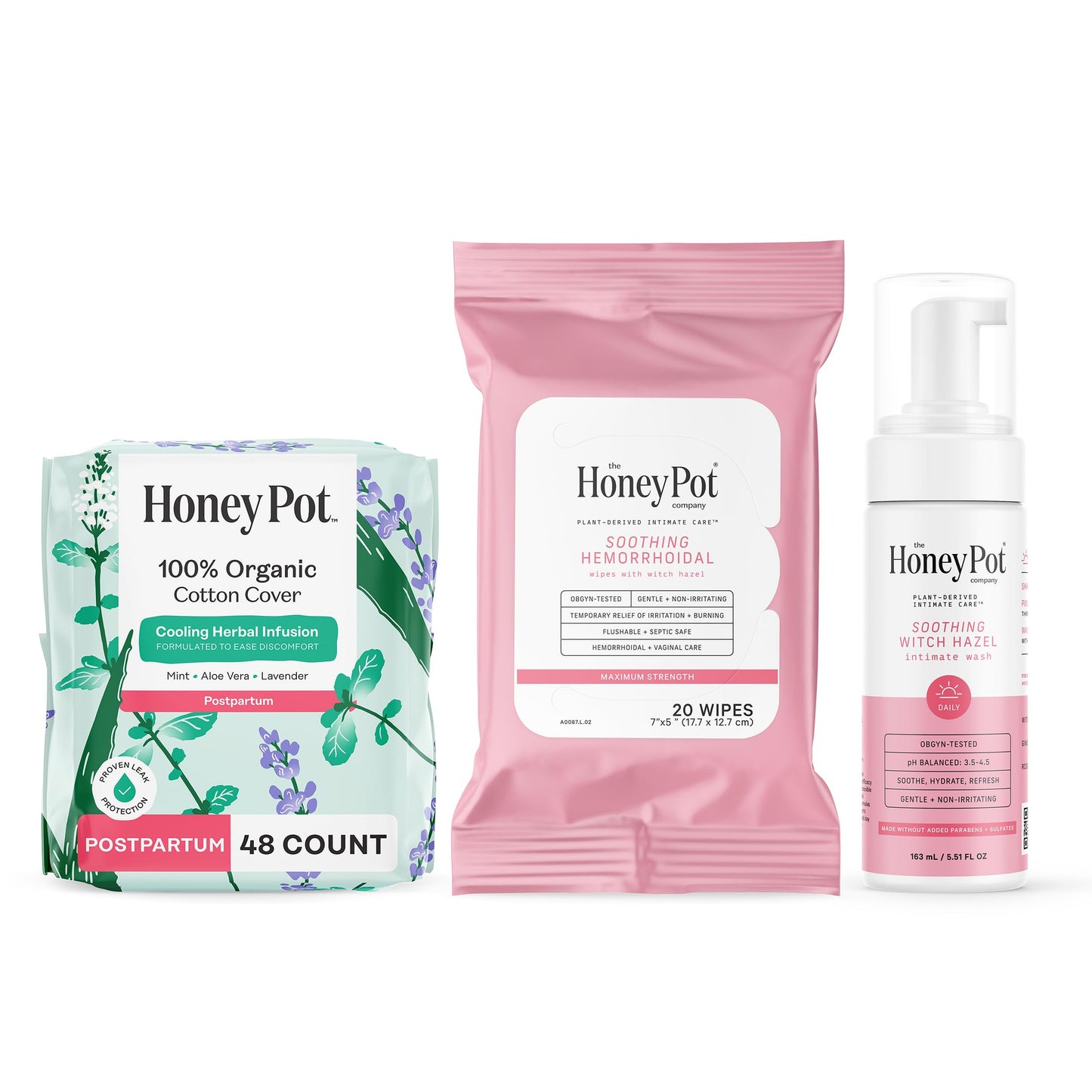 The Honey Pot Company - Postpartum Essentials Bundle - 48ct Postpartum Pads, Witch Hazel Feminine Wash, 20ct Witch Hazel Feminine & Hemorrhoid Wipes