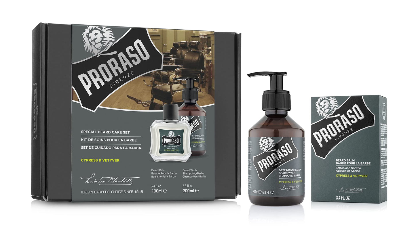 Proraso Cypress and Vetyver Beard Care Duo Kit - Beard Wash and Balm with Fresh, Citrus Earthy for New or Short Beards - Premium Italian Gift Set for Men