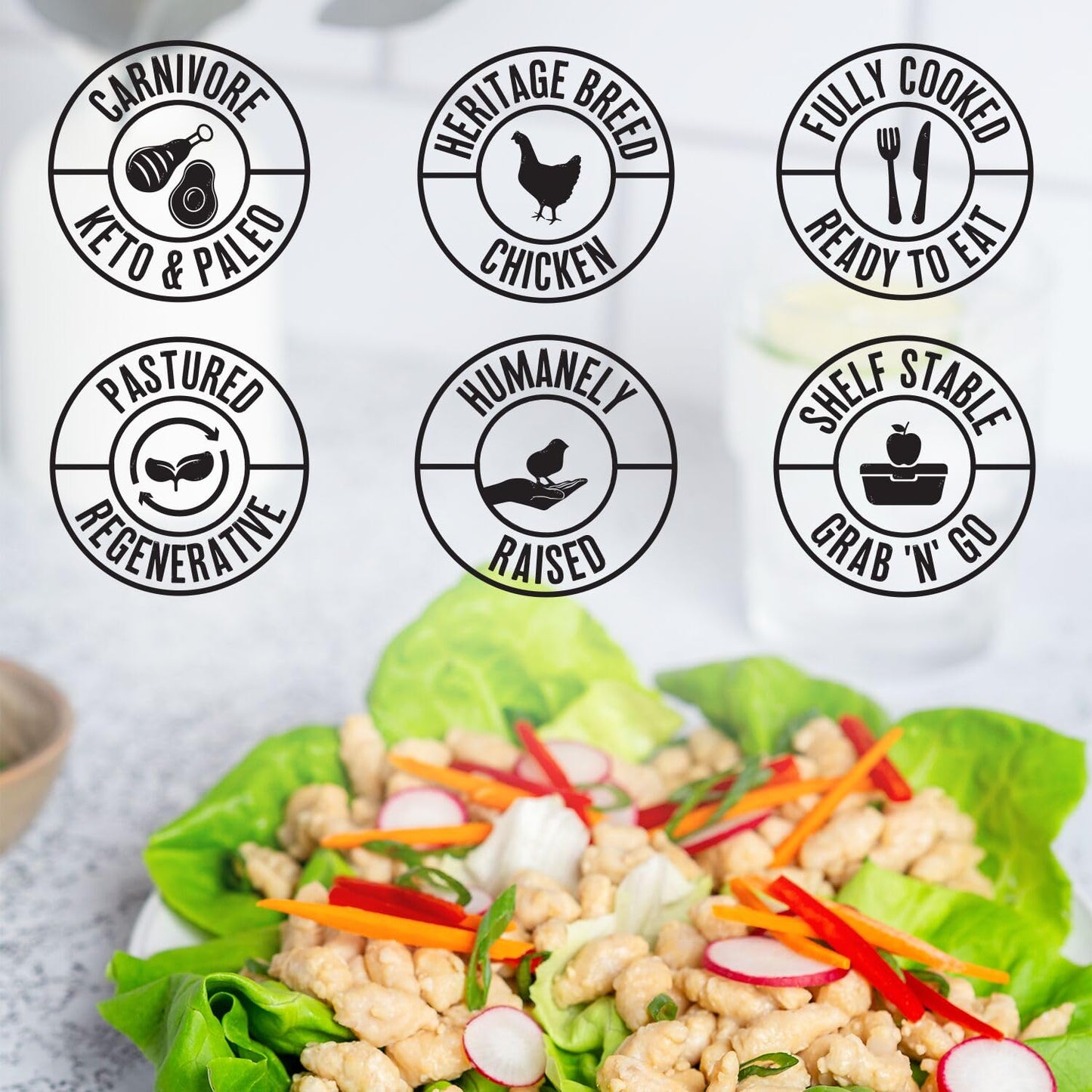 True Primal Pastured Chicken Mini Meatballs 8-pack. Ready to eat. 1/4 lb fully cooked chicken per pouch. Gluten free. Grain free. Paleo. Keto. Carnivore. Whole30. AIP.