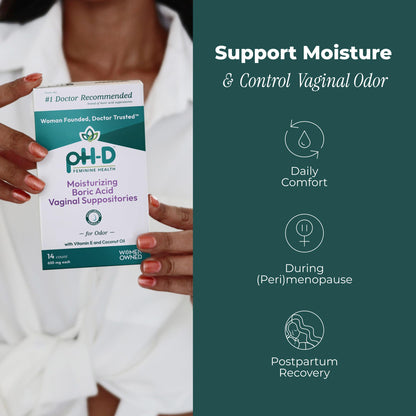 pH-D Feminine Health Support - Boric Acid Moisturizing Suppository - Woman Owned - for Vaginal Odor - Paraben-Free and Cruelty-Free - 14 Count