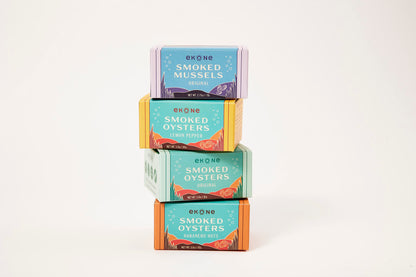 Ekone Premium Tinned Seafood Sampler (4 pack) Smoked Oysters and Mussels, Farm Raised, Smoked and Canned in Washington State