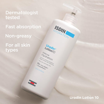 ISDIN Body Lotion Uradin 10, 24-Hour Intense Hydration, Non-Greasy, Fast-Absorbing Moisturizer for Dry or Very Dry Skin, Helps Relieve Itching Due to Dryness, 13.5 Fl. Oz.