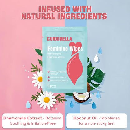 GUIDDBELLA Feminine Wipes for Women - Individually Wrapped Flushable Wipes, PH-Balanced, Alcohol-Free, Unscented, Safe for Sensitive Skin (50 Count)