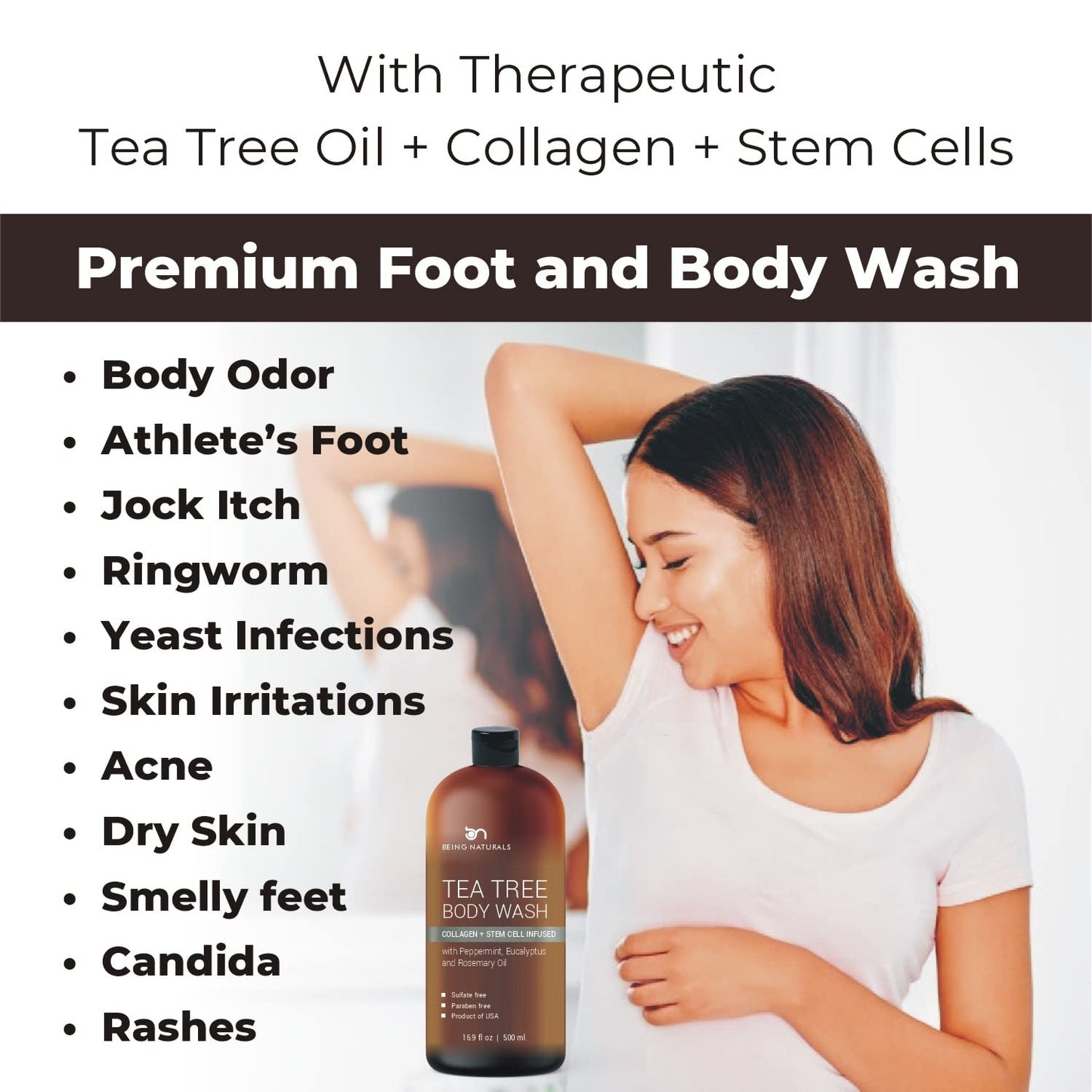 Tea Tree Body wash with Collagen and Stem Cells - Fights Odor, Acne & Skin Issues, sulfate free 16.9 oz