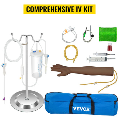 VEVOR IV Practice Kit Phlebotomy Practice Kit with Dark Skin, Venipuncture Practice Kit Skills Learning Model Arm Kit with Height Adjustable Infusion Stand for Students, Nurse