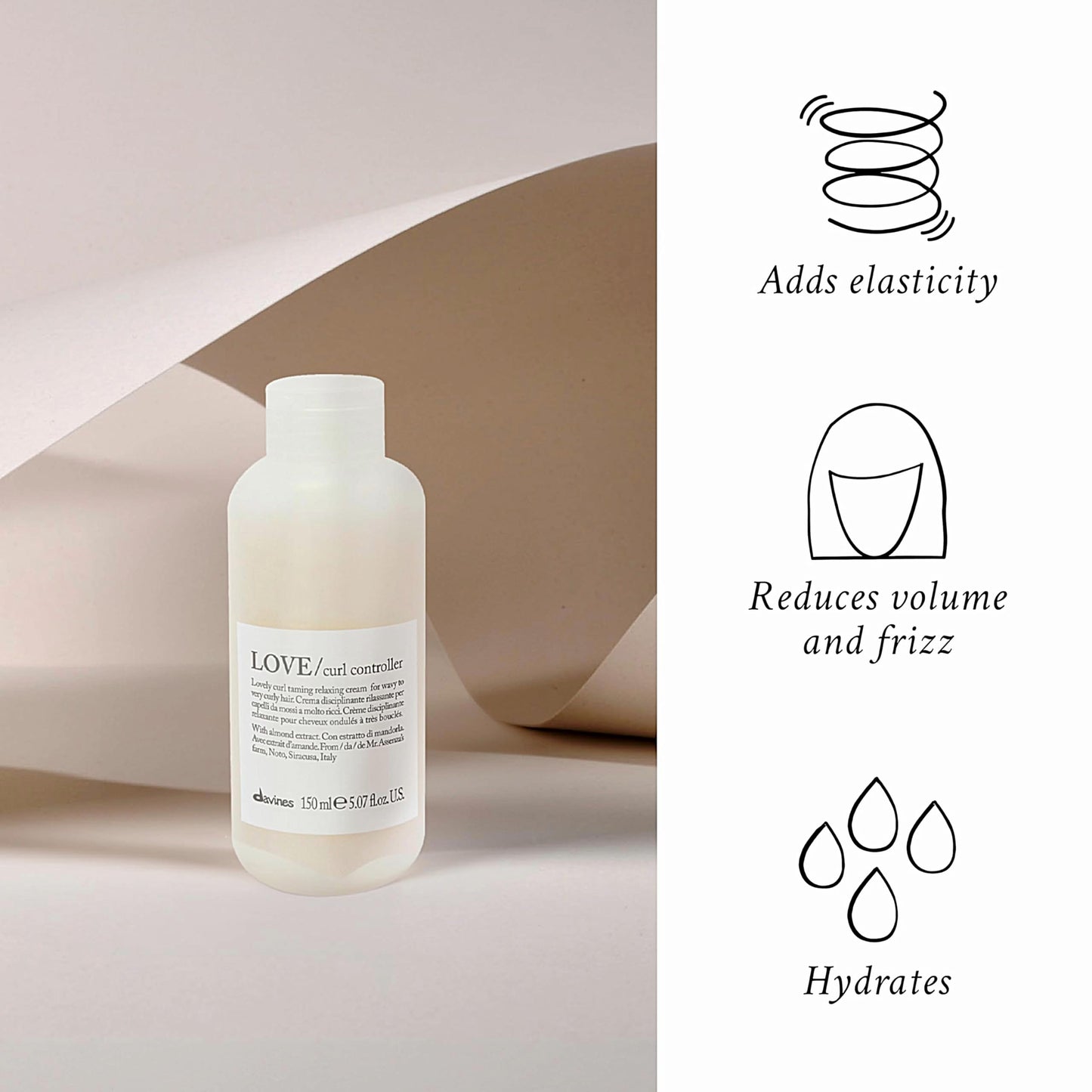 Davines LOVE Curl Controller, Relaxing Anti-Frizz Effect Cream for Wavy and Curly Hair - Defines Texture, Leaving Soft, Light & Elastic Curls even in High Humidity with Almond Extract, 5.07 Fl Oz