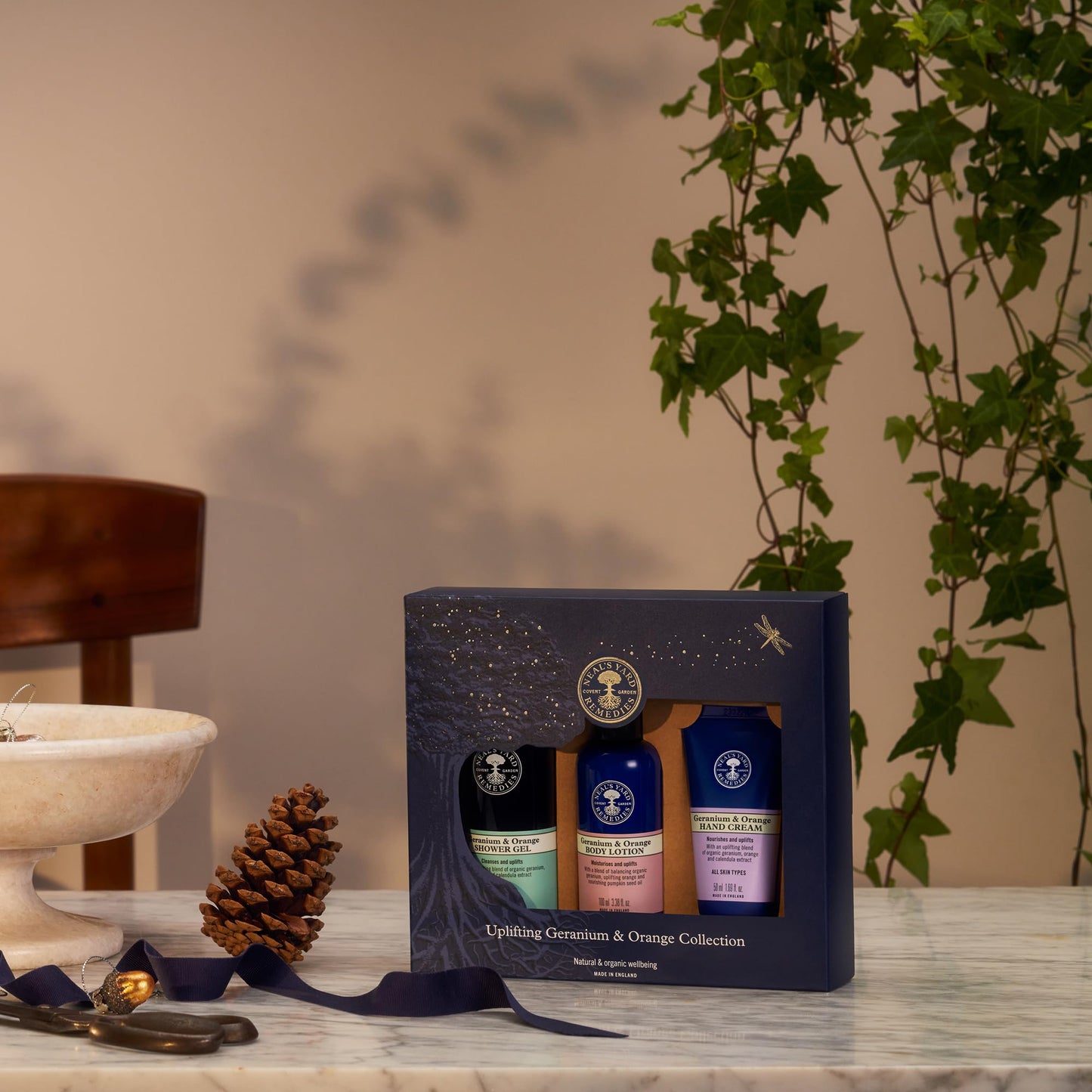 Neal's Yard Uplifting Geranium & Orange Collection with Geranium Essential Oil, For All Skin Types, Vegetarian Approved, Cruelty Free, 3 Piece Set