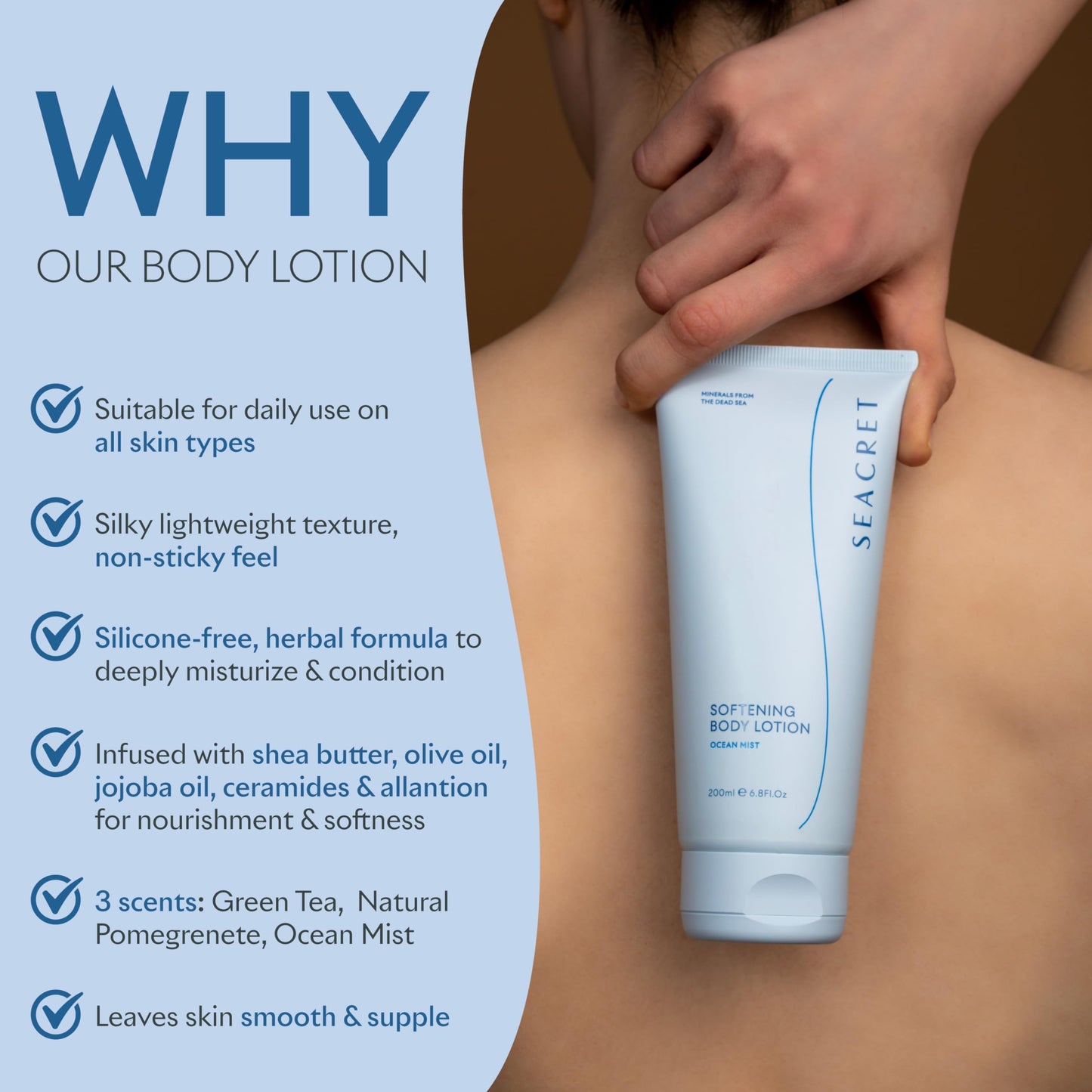 SEACRET Body Lotion for Dry Skin - Daily Moisturizing Lotion with Ceramide, Squalane, Shea Butter & Dead Sea Minerals, Fast-Absorbing Non-Greasy Formula, 6.8 fl oz