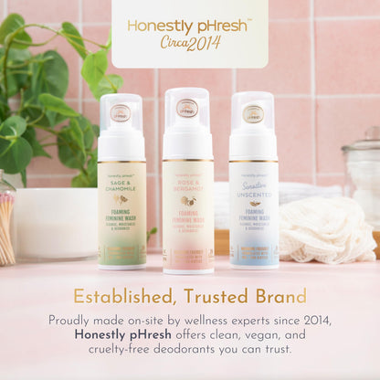 Honestly pHresh Foaming Feminine Wash for Women – pH Balanced Natural Intimate Cleanser with Prebiotics & Probiotics. Vegan, Sensitive Skin Safe. Made In USA - Rose & Bergamot Scent, 5 oz
