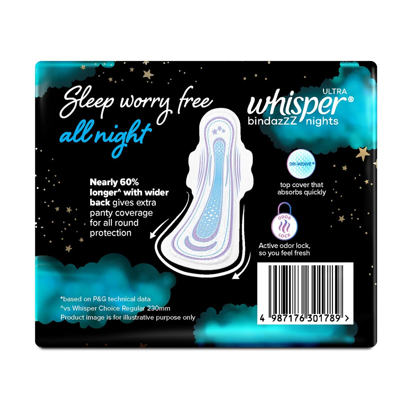 Whisper Bindazzz Night Sanitary Pads|Pack of 16 Thin Pads|XXL+|Upto 0% Leaks|60% Longer & Wider Back|Dry Top Sheet|Long Lasting Coverage|Faster Absorption|36 Cm Long|with Disposable Wrap