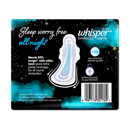 Whisper Bindazzz Night Sanitary Pads|Pack of 16 Thin Pads|XXL+|Upto 0% Leaks|60% Longer & Wider Back|Dry Top Sheet|Long Lasting Coverage|Faster Absorption|36 Cm Long|with Disposable Wrap