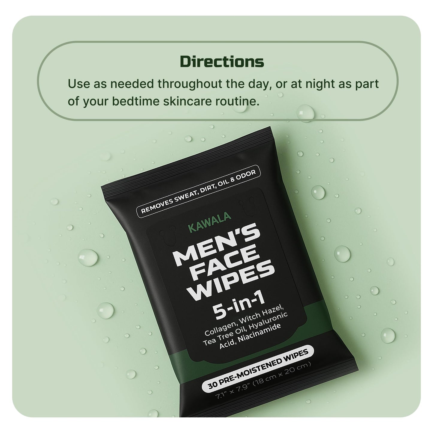 Mens Face Wipes 5-in-1 Anti-Aging Face Cleansing Sweat Wipes for Mens Skin Care with Collagen, Witch Hazel, Tea Tree Oil, Hyaluronic Acid, Niacinamide for Oily or Acne-Prone Skin Woodsy Scent