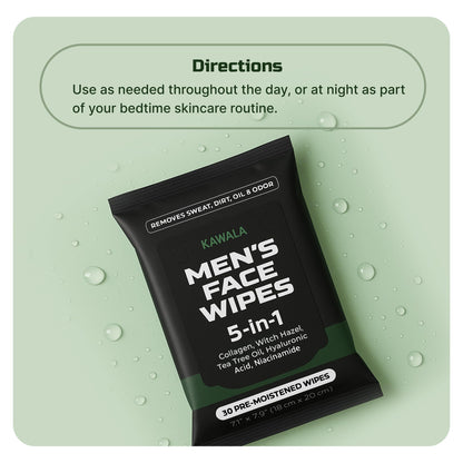 Mens Face Wipes 5-in-1 Anti-Aging Face Cleansing Sweat Wipes for Mens Skin Care with Collagen, Witch Hazel, Tea Tree Oil, Hyaluronic Acid, Niacinamide for Oily or Acne-Prone Skin Woodsy Scent