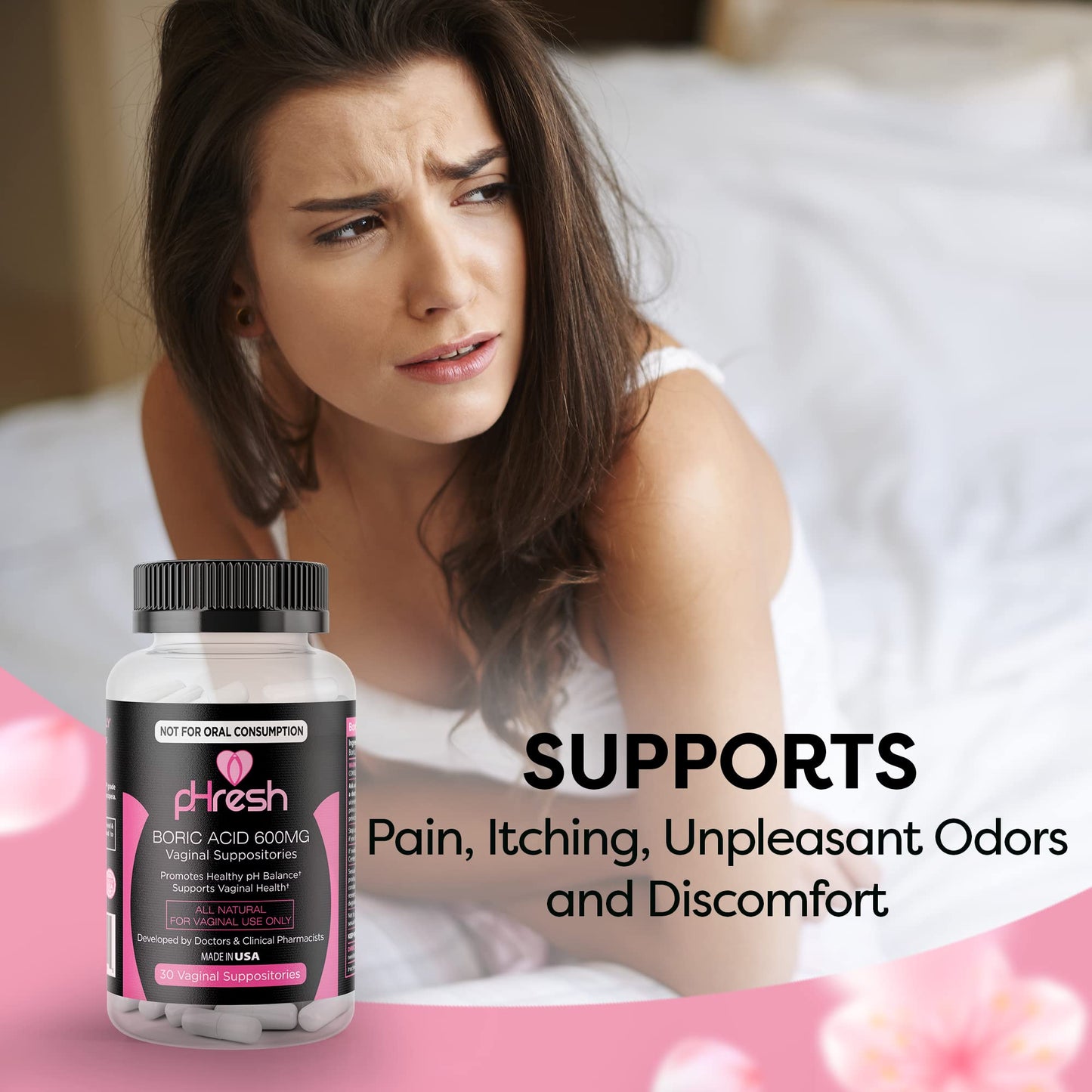 pHresh Boric Acid Suppositories for Women, Suppositories for Odor Use, Natural Feminine Care Supports Vaginal Health & Promotes Healthy pH Balance - Made in USA