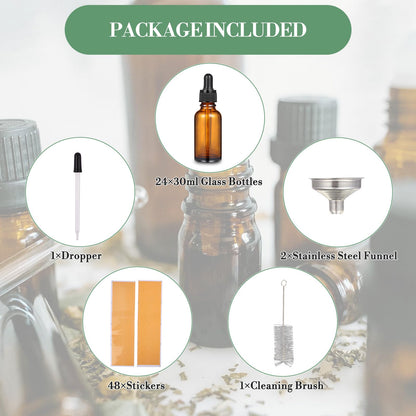 24 Pcs 1 oz Amber Glass Dropper Bottles, Leak-Proof Tincture Bottles with 2 Stainless Steel Funnel, 1 Extra Dropper, 48 Stickers & 1 Brush for Essential Oils, Perfume, Hair Oil, Travel Liquids