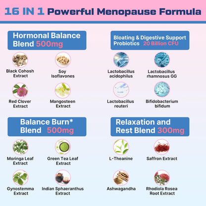 Menopause Supplements for Women Gummies, 16-in-1 Probiotic, Black Cohosh & Ashwagandha for Menopause Relief, Hot Flashes, Hormone Harmony, Mood Swings, Belly Burner* & Gut, Sugar-Free - 60 Gummies