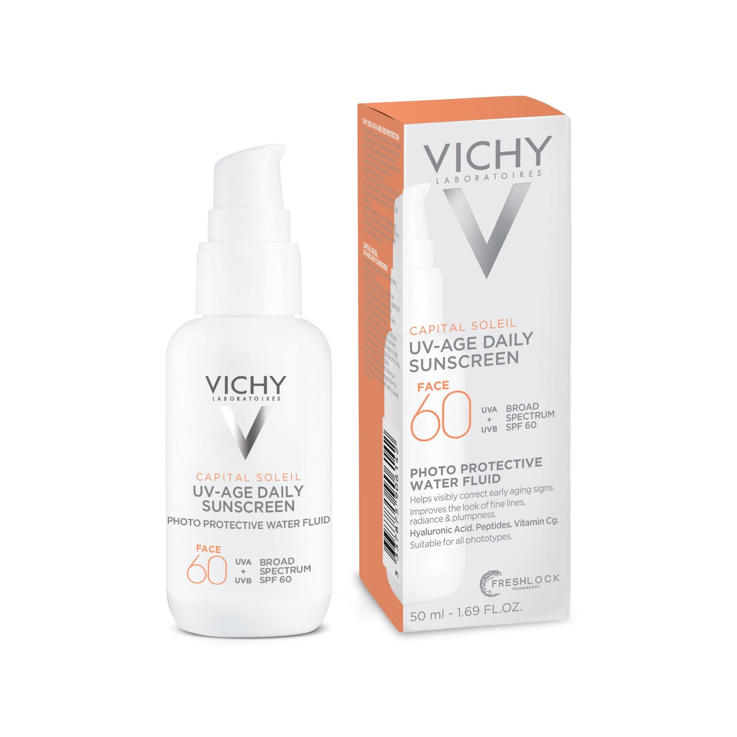 Vichy Capital Soleil UV-Age Daily SPF 60, Anti Aging Sunscreen for Face SPF 60, Hyaluronic Acid + Peptides + Vitamin C, Broad Spectrum Invisible SPF Protection, No White Cast Sunscreen