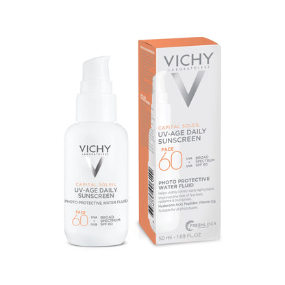 Vichy Capital Soleil UV-Age Daily SPF 60, Anti Aging Sunscreen for Face SPF 60, Hyaluronic Acid + Peptides + Vitamin C, Broad Spectrum Invisible SPF Protection, No White Cast Sunscreen