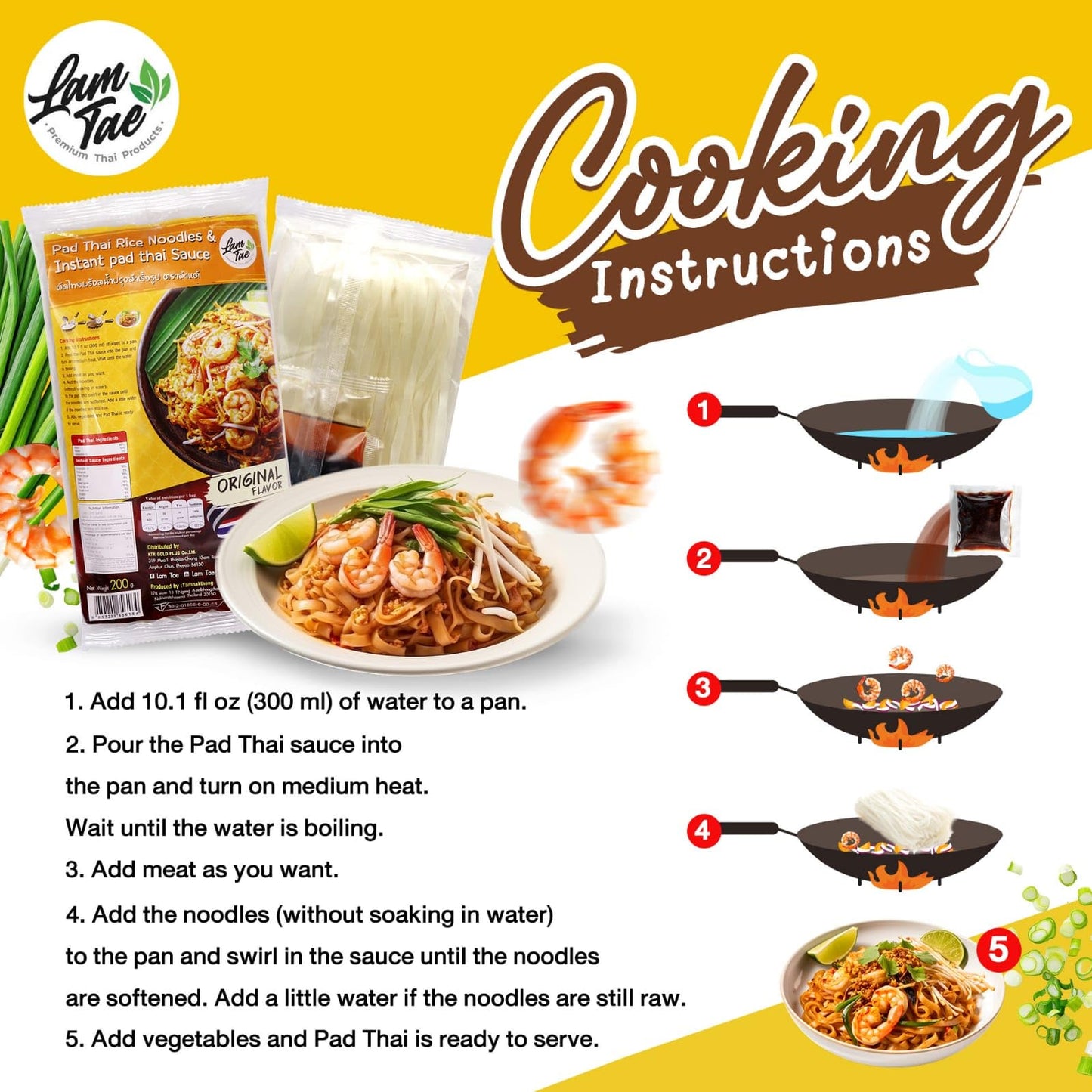 Lam Tae Pad Thai Meal Kit – Thai Rice Noodles with Instant Pad Thai Sauce – Authentic Stir-Fry Flavor – Ready-to-Cook Asian Meal – Available in Pack of 1, 3, or 6 – 200g Each (7.05 Ounce (Pack of 1), 6, Count)