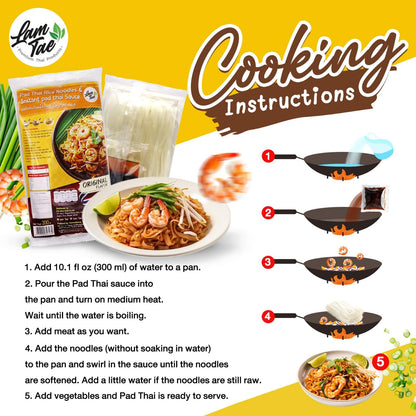 Lam Tae Pad Thai Meal Kit – Thai Rice Noodles with Instant Pad Thai Sauce – Authentic Stir-Fry Flavor – Ready-to-Cook Asian Meal – Available in Pack of 1, 3, or 6 – 200g Each (7.05 Ounce (Pack of 1), 6, Count)
