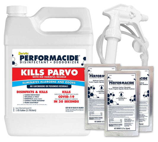 PERFORMACIDE Kills Parvo - No-Rinse Disinfectant, Deodorizer for Pet Surfaces - Kills Parvovirus, Ringworm, Feline Calicivirus, Avian Influenza (Bird Flu), Naturally Dissipates - 3 pk Gallon Kit