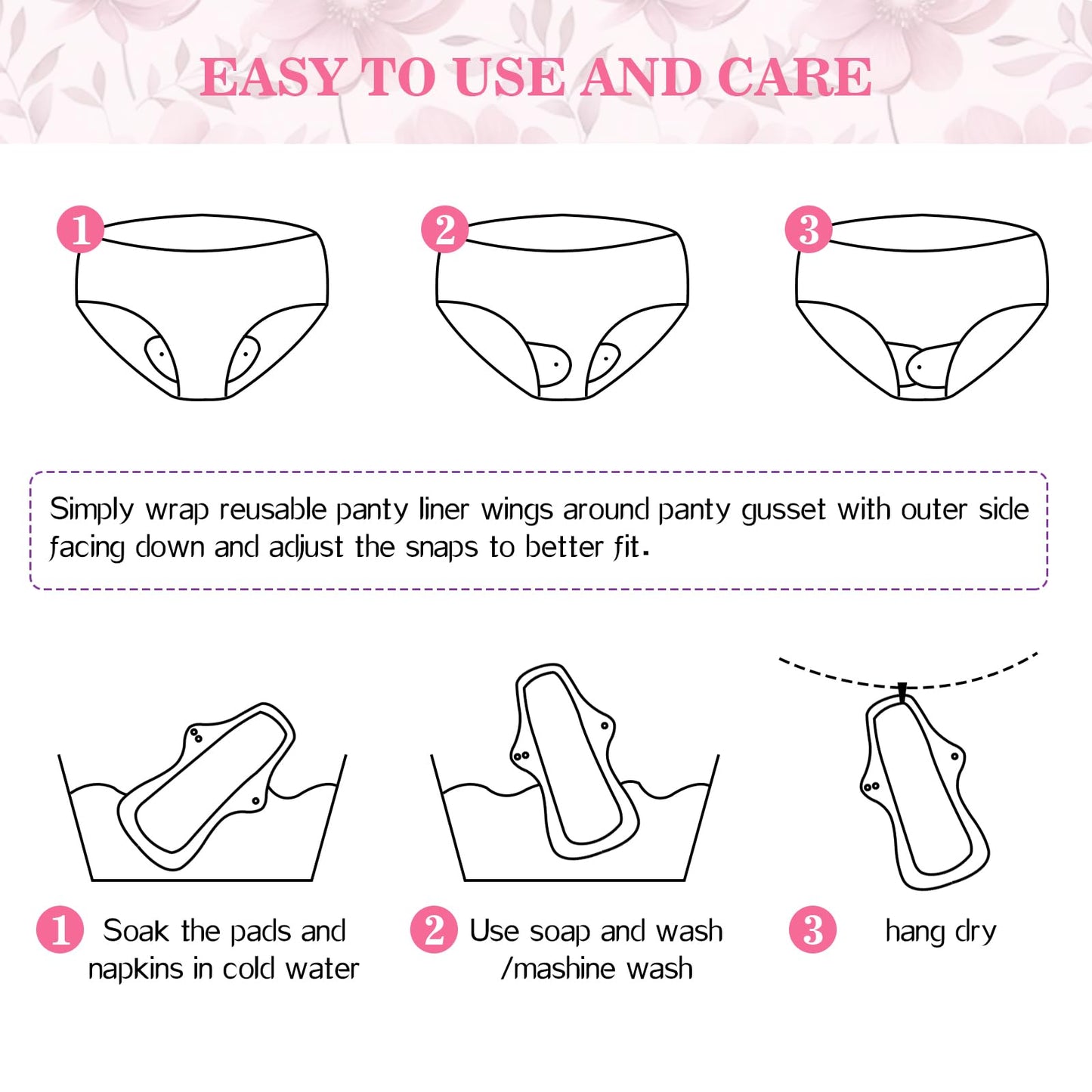 PHOGARY 7 Pack Reusable Menstrual Pads Large Sanitary Pads Set for Heavy Flow with 1 Wet Bag, Washable Overnight Cloth Panty Liners with Wings for Women, 33cm
