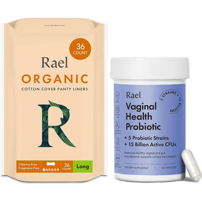 Rael Bundle - Organic Cotton Cover Panty Liners (Long, 36 Count) & Probiotics Supplements for Women, Digestive Enzymes, Urinary Tract Health (30 Day Supply)