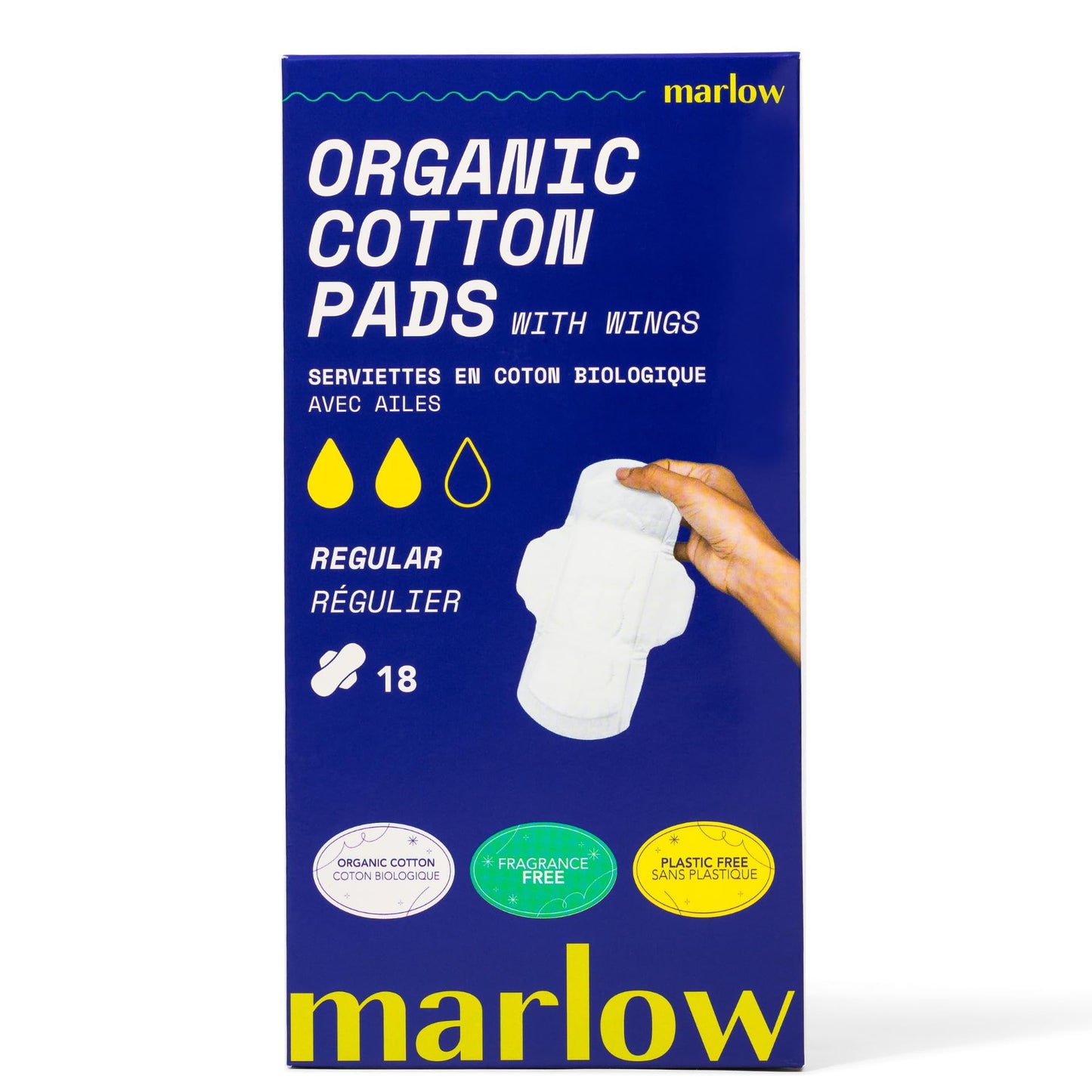 Marlow 100% Organic Cotton Pads - Free from plastic, fragrance, dyes, chlorine-bleaching, Ultra Soft, Leak Proof, Super Absorbent with extra sticky wings, Regular (Day Time), White