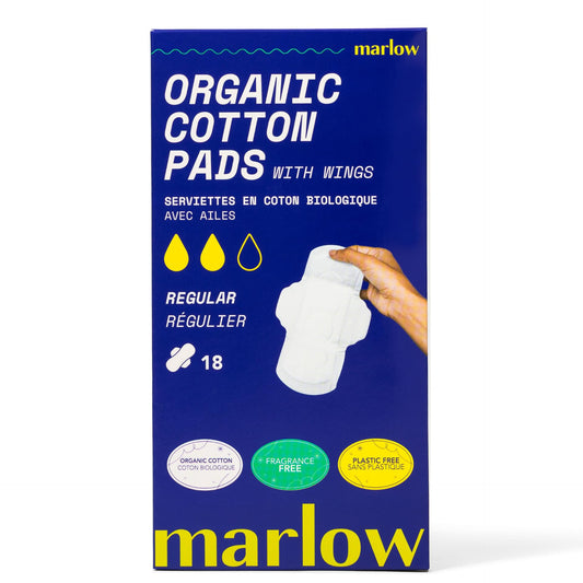 Marlow 100% Organic Cotton Pads - Free from plastic, fragrance, dyes, chlorine-bleaching, Ultra Soft, Leak Proof, Super Absorbent with extra sticky wings, Regular (Day Time), White