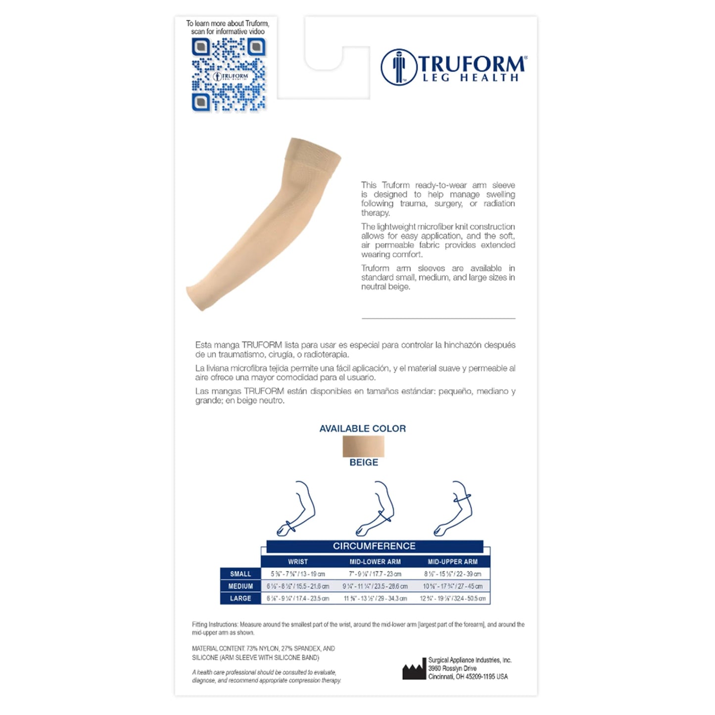 Truform Lymphedema Compression Arm Sleeve, 20-30 mmHg Post Mastectomy Support, Beige, Large