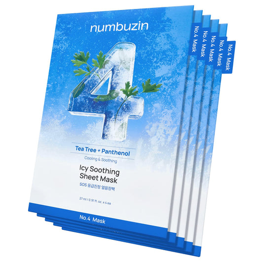 numbuzin No.4 Sheet Mask | Icy Soothing Sheet Mask | Instant Cooling, Hydrating with Tea Tree Extract, Bergamot Leaf Extract | Soothes, Relieves Heated Skin | Korean Skincare | 5 sheets
