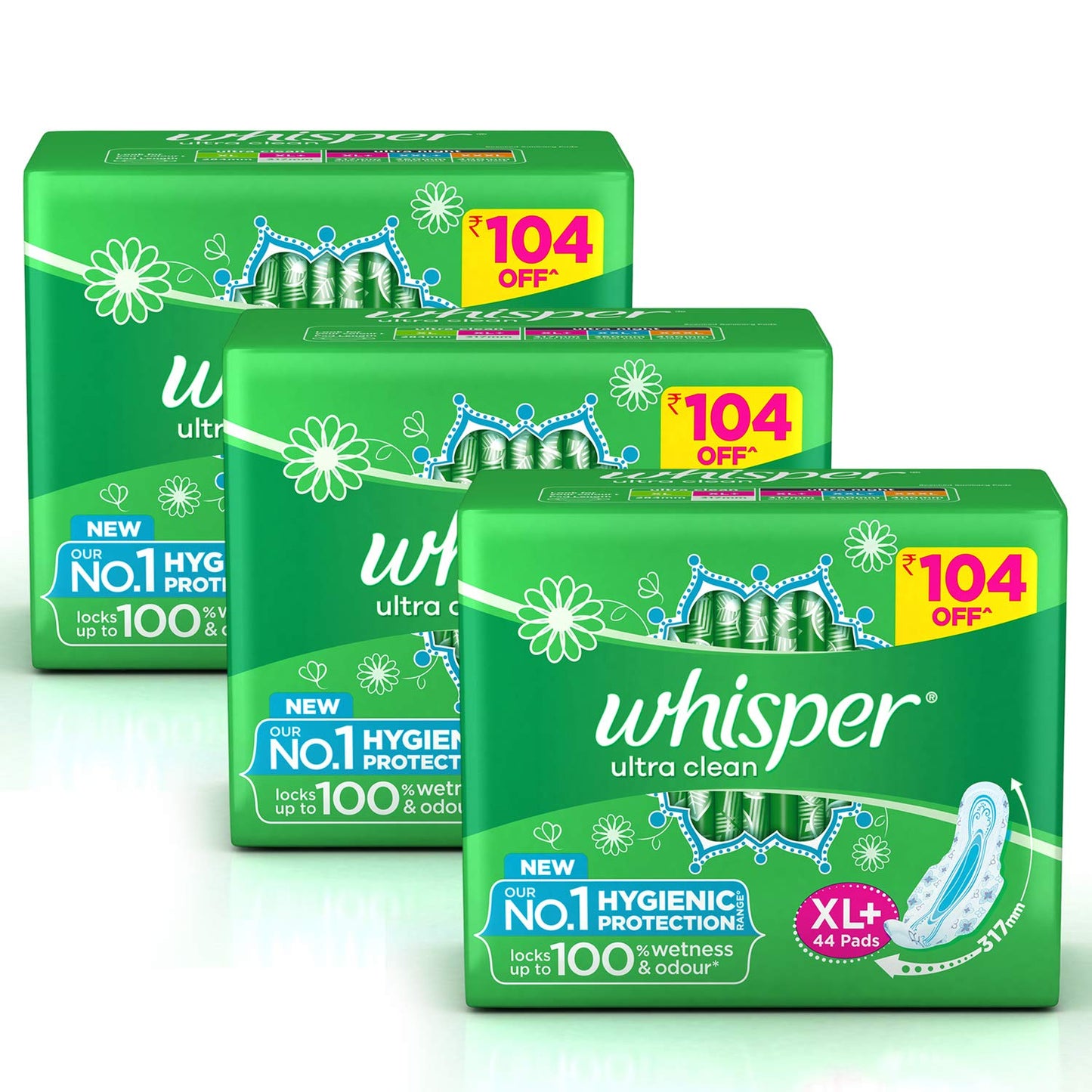 Whisper Ultra Clean Sanitary Pads for Women, XL+ Napkins (44 Count (Pack of 3))
