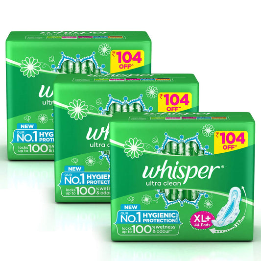 Whisper Ultra Clean Sanitary Pads for Women, XL+ Napkins (44 Count (Pack of 3))