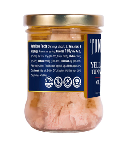 Tonnino Yellowfin Tuna Fish Premium - Olive Oil – Pack of 6 – Alternative to Salmon – Protein Snacks – Ready to Eat Meals in Glass Jar