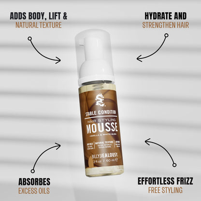 Billy Jealousy Stable Condition Hair Styling Mousse for Men – Light Hold for Body & Lift, Frizz Control – Hydrates with Sea Moss & Kelp, Travel Size, Silicone & Residue-Free, Vegan, Vanilla White Musk