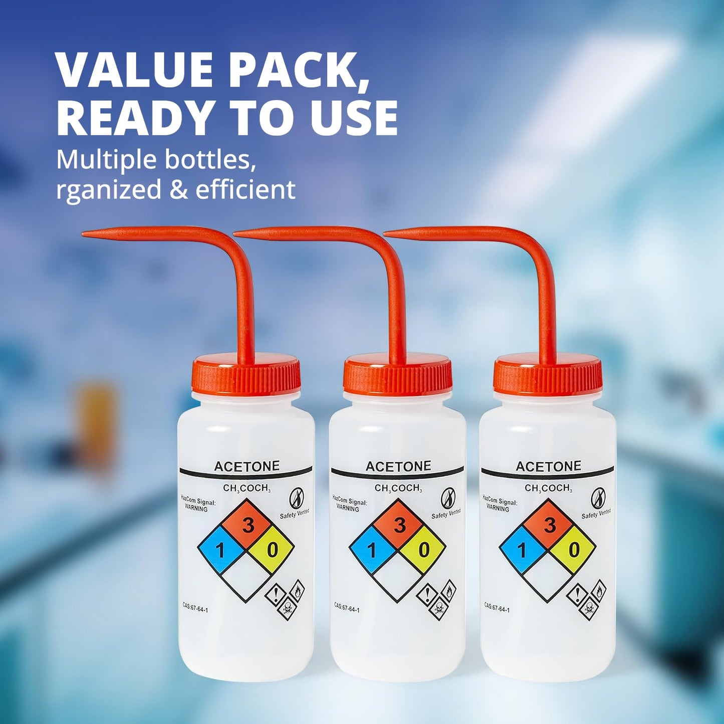 United Scientific™ UniSafe™ Acetone Squeeze Bottle, Wide Mouth Wash Bottles 500mL (16oz), Pack of 6 – Pre-Labeled LDPE Chemical Wash Bottle w/Red Color-Coded Cap, Self-Venting Leak-Proof Lab Bottles