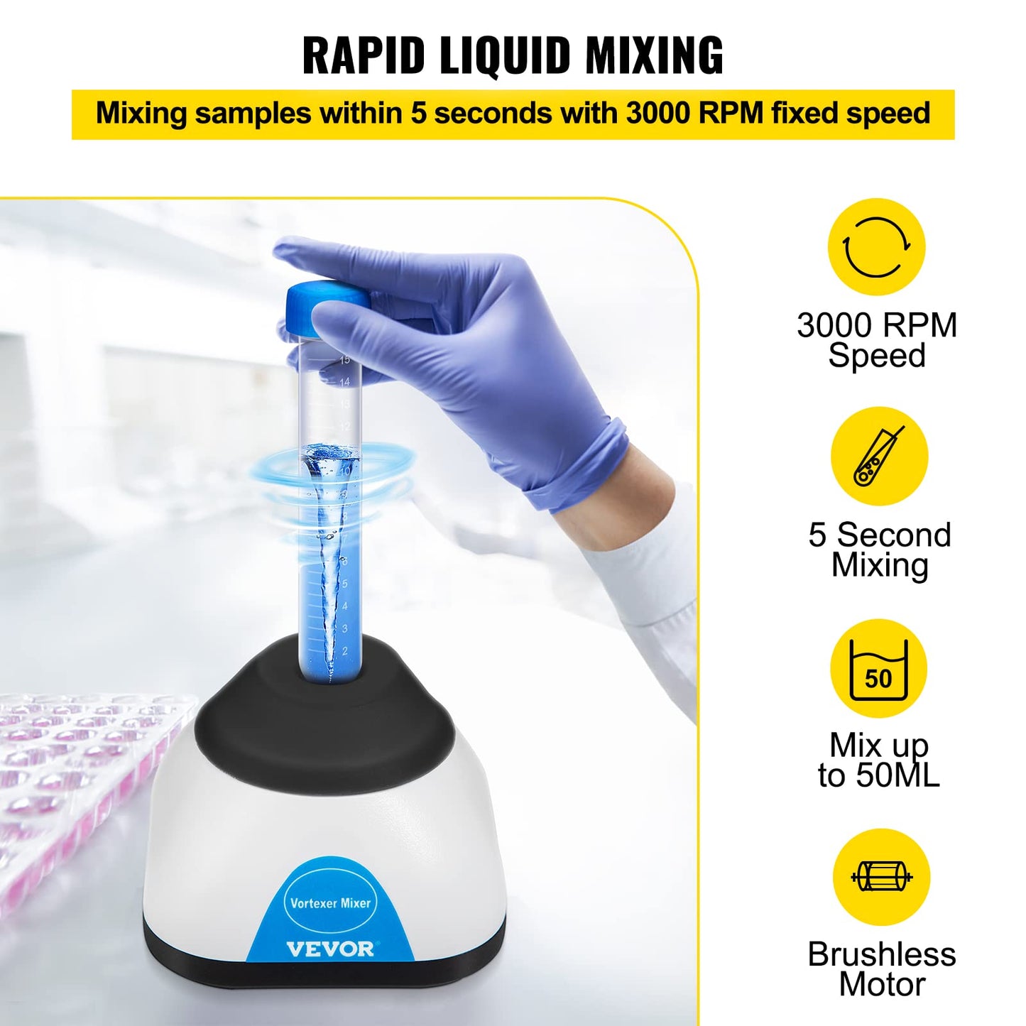 VEVOR Vortex Mixer, 3000RPM Mini Vortex Mixer Shaker, Touch Function Scientific Lab Vortex Shaker, Mix Up to 50ML, 6mm Orbital Diameter for Test Tube, Nail Polish, Eyelash Adhesives, Paint