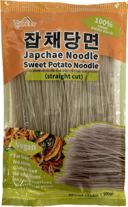 APEXY Sweet Potato Glass Noodles Straight Cut, Japchae Noodles, Korean Vermicelli Pasta, Fat-free and Gluten-free, 100% Sweet Potato Starch, No Additive, No Alum inside, 10.58oz