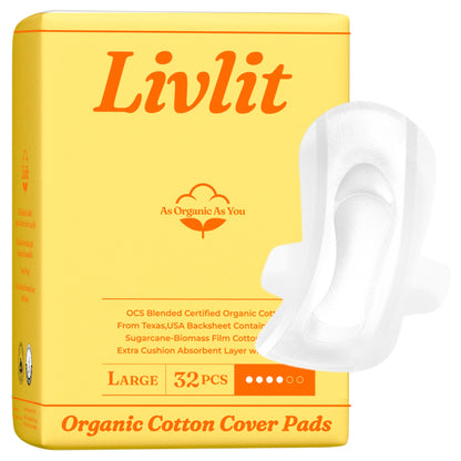 Livlit Organic Cotton Sanitary Pad Bundle – Regular Pads 36pcs + Large Pads 32pcs, Chlorine Free, Unscented, Ultra Absorbent Period Care