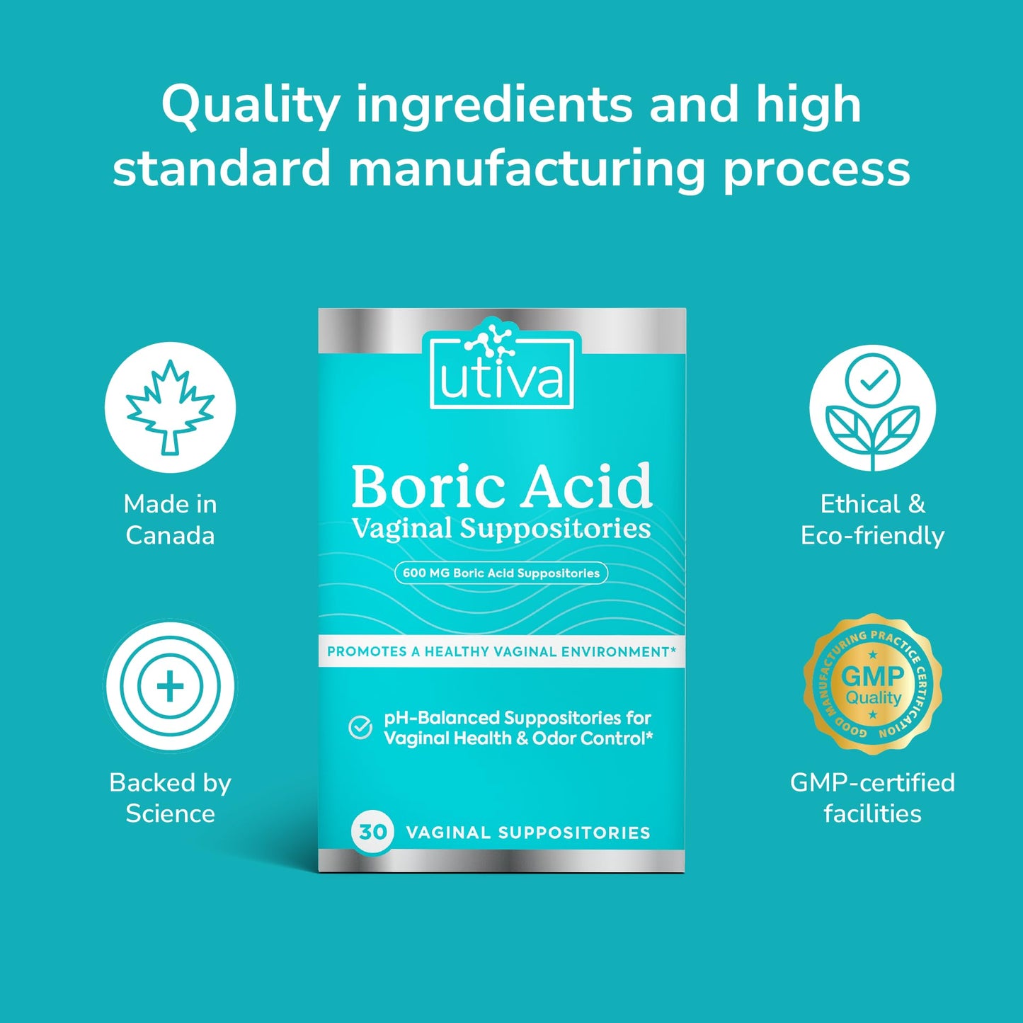 Szio+ Utiva Boric Acid Suppositories for Women - pH Balance - Feminine Care - 600mg Boric Acid to Lower pH and Support Vaginal Health, BV Treatment for Women, 30 Vaginal Suppositories