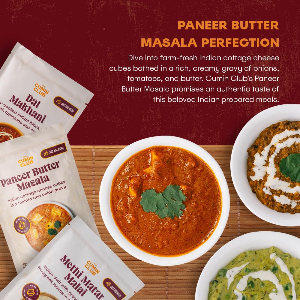 The Cumin Club Indian Meal Kit - Paneer Tikka Masala, Methi Matar Malai, Dal Makhani - Instant Meals Effortless Cooking & Wholesome Goodness - Ready to Eat Indian Food - Pack of 3