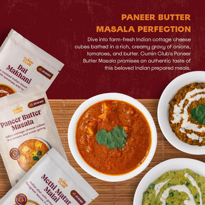 The Cumin Club Indian Meal Kit - Paneer Tikka Masala, Methi Matar Malai, Dal Makhani - Instant Meals Effortless Cooking & Wholesome Goodness - Ready to Eat Indian Food - Pack of 3