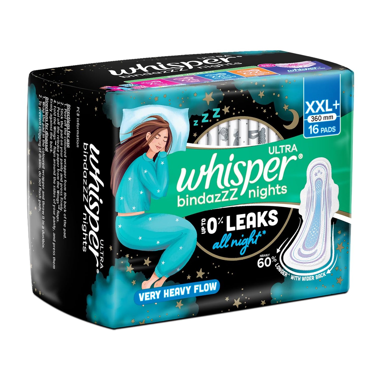Whisper Bindazzz Night Sanitary Pads|Pack of 16 Thin Pads|XXL+|Upto 0% Leaks|60% Longer & Wider Back|Dry Top Sheet|Long Lasting Coverage|Faster Absorption|36 Cm Long|with Disposable Wrap