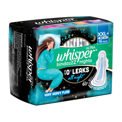 Whisper Bindazzz Night Sanitary Pads|Pack of 16 Thin Pads|XXL+|Upto 0% Leaks|60% Longer & Wider Back|Dry Top Sheet|Long Lasting Coverage|Faster Absorption|36 Cm Long|with Disposable Wrap