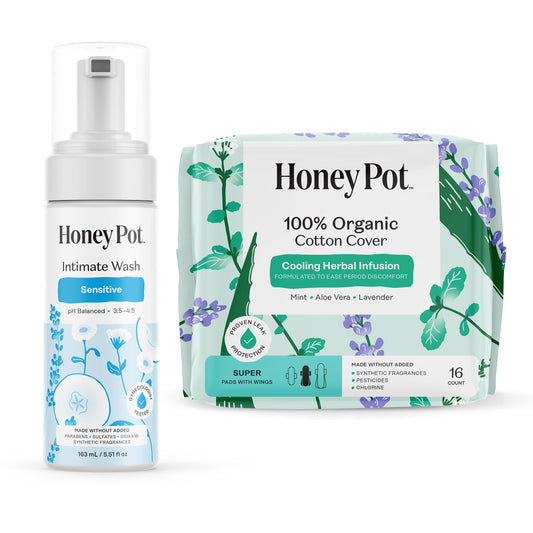 The Honey Pot Company - Sensitive Feminine Wash & Super Bundle - Herbal Infused Natural Hygiene Wash & Pads - Organic Cotton Cover - Sanitary Pads for Women - Feminine Care