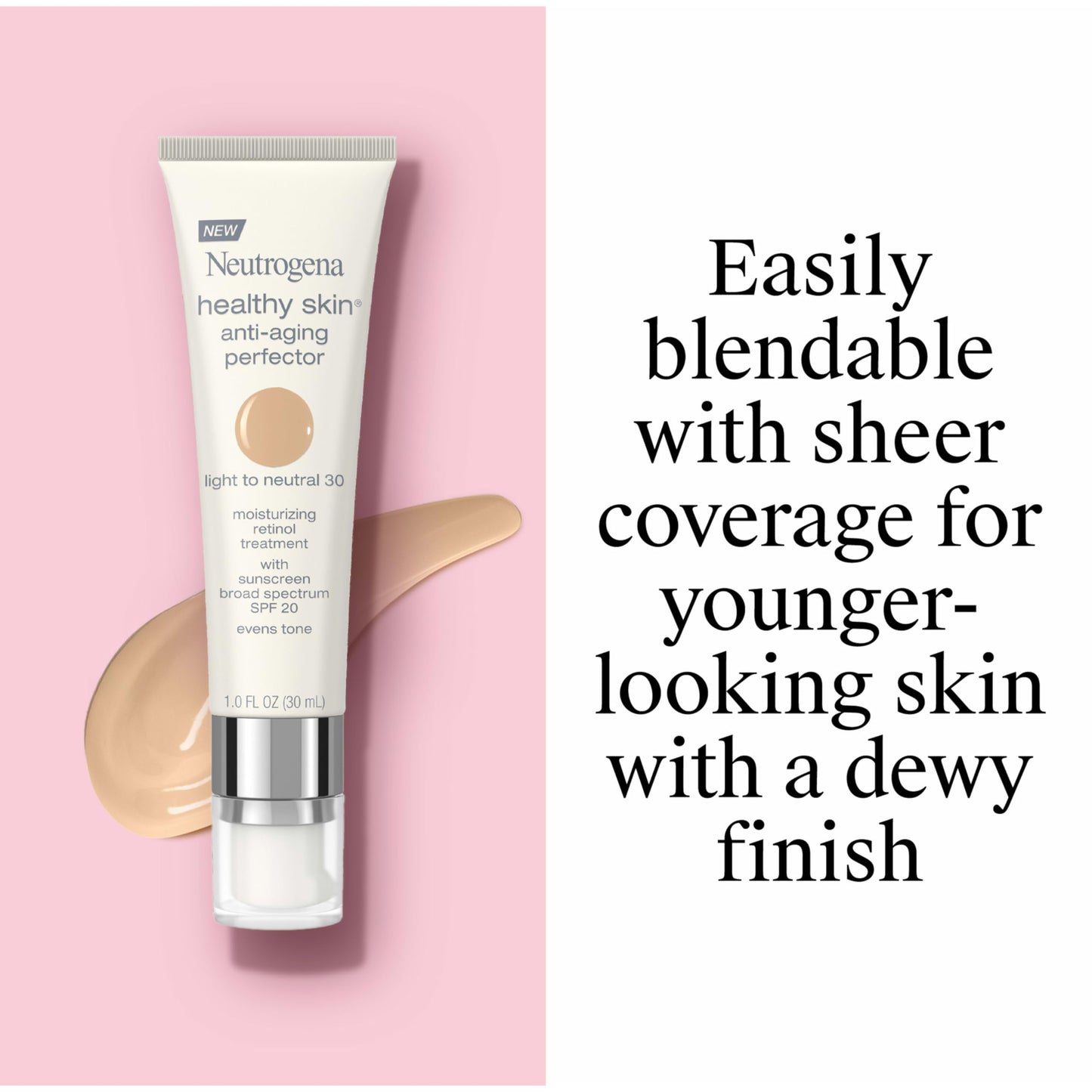 Neutrogena Retinol Treatment & Tinted Facial Moisturizer, Healthy Skin Anti-Aging Perfector, Broad Spectrum SPF 20 Sunscreen & Titanium Dioxide, Blendable Sheer Coverage, 30 Light to Neutral, 1 fl. Oz