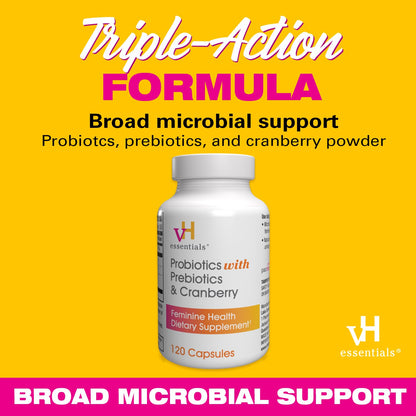 vH essentials Probiotics with Prebiotics and Cranberry Feminine Health Supplement Capsules (544-36) & pH Balanced Feminine Cleansing Wipes with Prebiotics, Tea Tree & Aloe